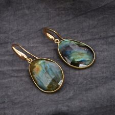 Natural Faceted Labradorite Spectrolite Druzy Gold Plated Dangle Hook Earrings for sale  Shipping to South Africa