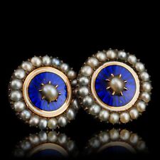 Antique Georgian Gold Earrings with Blue Enamel Guilloche Pearl Cluster - c.1800 for sale  Shipping to South Africa
