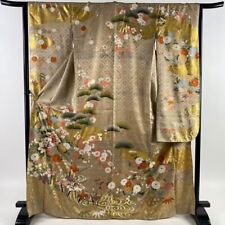 Kimono feminino japonês furisode seda peônia pinho ameixa ouro prata folha marrom claro, usado comprar usado  Enviando para Brazil