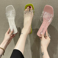 Usado, Mulheres Rhinestone chinelos slip on block clear heels sandálias quadradas dedos sapatos comprar usado  Enviando para Brazil