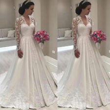 Vintage Lace Satin Wedding Dresses Women Long Sleeves V Neck A Line Bridal Gowns for sale  Shipping to South Africa