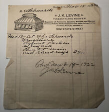 1922 J. K. LEVINE TINSMITH & ROOFER Ogrzewanie pieca Brooklyn NOWY JORK Nagłówek firmowy na sprzedaż  Wysyłka do Poland