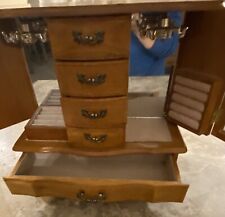 Wooden Jewelry Box Etched Glass Door Front & 5 Drawer Chains Rings Heart Pulls for sale  Shipping to South Africa