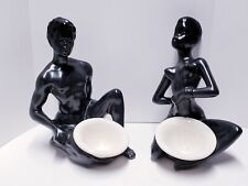 Estatua negra desnuda de cerámica de colección con tazón de marfil arte contemporáneo para hombre y mujer 9" pulgadas segunda mano  Embacar hacia Argentina
