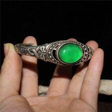 Brazalete de plata tibetana antiguo con incrustaciones de jade verde hecho a mano chino antiguo segunda mano  Embacar hacia Mexico