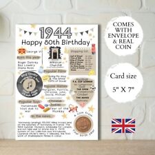 Used, 80th Birthday Card With 1944 Coin & Envelope - Choose your Card Colour -British for sale  Shipping to South Africa