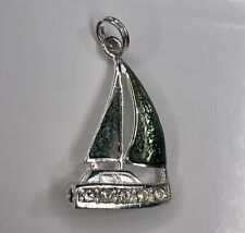 925 Sterling Silver Retro Charm Pendant Green Enamel CZ Sail Boat Nautical, used for sale  Shipping to South Africa