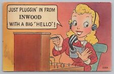 "Plugging In Big Hello" from Inwood Iowa~Telephone Operator at Switchboard~Linen for sale  Shipping to South Africa