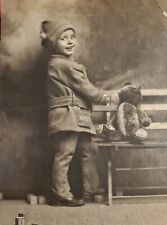 Vintage Old 1920's Photo of Cute Little Boy with Steif Teddy Bear on Bench  🐻   tweedehands  verschepen naar Netherlands