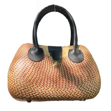 Bolsa de mão Clam Shell tecido de vime, bege e marrom com alças de couro sintético, usado comprar usado  Enviando para Brazil
