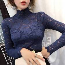Blusas femininas de renda oca manga longa camisas casuais gola alta slim fit comprar usado  Enviando para Brazil
