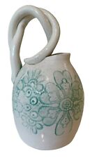 Hand Crafted Pottery Pitcher Etched Teal Blue Flowers Signed 8" Tall 5" Wide for sale  Shipping to South Africa