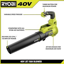 NEW 2023 MODEL RYOBI 40V JET FAN TURBO LEAF BLOWER RY40408 RY40480 525CFM 110MPH for sale  Shipping to South Africa