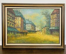 Vintage Signed Oil Painting Yellow Green Street City Scene Canvas Mid Century, used for sale  Shipping to Canada