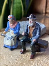 Vintage Lead Metal Farm Village Figures, Old Couple Sitting On Log Bench for sale  Shipping to South Africa