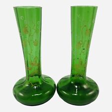 Vintage Pair Emerald Green Gold Painted Pineapple Floral Glass Bud Vase 7" for sale  Shipping to South Africa