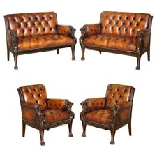 RESTORED ANTIQUE LION HAND CARVED BROWN LEATHER CHESTERFIELD SOFA ARMCHAIR SUITE for sale  Shipping to South Africa