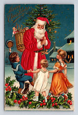 1908 SILK SANTA CLAUS Wicker Basket Doll Children Girls Boy Christmas Postcard for sale  Shipping to South Africa