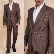 Terno masculino marrom moda primavera com cadarço casaco jaqueta fina calças festa personalizado comprar usado  Enviando para Brazil