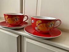 Set of 2 Whittard of Chelsea Ginger Cat Large Jumbo Red Cups Saucers Tea Coffee for sale  PINNER