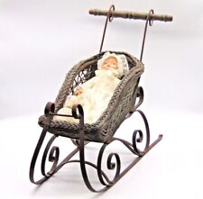 Vintage c.1900s Bisque Baby Doll in Wicker & Wrought Iron Sleigh Pram (AP140T) for sale  BERKHAMSTED