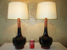 NEW PAIR OF TALL STYLISH BLACK GLASS AND OAK TABLE LAMPS WITH NEW SHADES for sale  Shipping to South Africa
