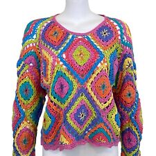 Vintage Crochet Granny Square Sweater Long Sleeve Pullover Colorful One Size, used for sale  Shipping to South Africa
