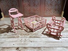 Vintage pink nursery doll furniture, crib, playpen and high chair for sale  Shipping to South Africa