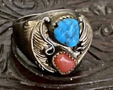 Vintage Navajo Sterling Silver Gold Accent Turquoise Coral Ring Size 11.25, 16g  for sale  Shipping to Canada