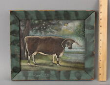 Usado, Pintura a óleo e moldura pintada pequena arte popular americana antiga do século XIX primitiva vaca comprar usado  Enviando para Brazil