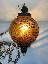 Vintage MCM Amber Globe Hanging Swag Lamp with Long Chain WORKS Cross Pattern!! for sale  Shipping to South Africa
