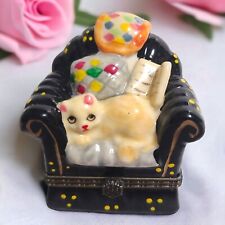 Vintage Porcelain Limoges Kitty Cat On Chair Loveseat Trinket Ring Pill Box for sale  Shipping to South Africa
