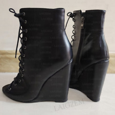 Used, Ankle Booties Wedges Faux Leather Lace Up Side Zip Up Open Toe Boots Big Size for sale  Shipping to South Africa