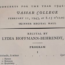 1943 Lydia Hoffmann Behrendt Piano Concert Program Skinner Hall Vassar College, used for sale  Shipping to South Africa