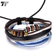 TT Black Leather Bracelet Beaded Wristband (LB335) NEW for sale  Shipping to South Africa