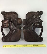 Pair Of Folk Art Wood Carved Pipe Smoking Faces Made In Philippines Vtg. for sale  Shipping to South Africa