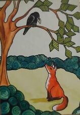 Aceo original painting. Signed HF. Aesop fable ATC art card, the fox & the crow for sale  Shipping to Canada