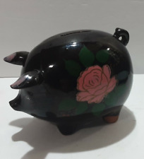 Used, Vintage Hand painted Piggy Bank Redware Terracotta Black Floral rose 5" cottage for sale  Shipping to South Africa