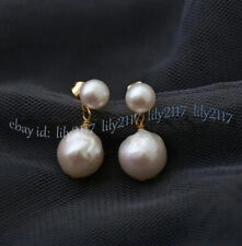11-12mm Natural White South Sea Baroque Edison Pearl Dangle Gold Stud Earrings for sale  Shipping to South Africa