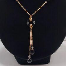 Beautiful Antique 22" Long gold tone Lariat Enamel Glass Bead Tassel Necklace  for sale  Shipping to South Africa