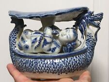 Antiga escultura chinesa de porcelana azul barco dragão lótus menino menina travesseiro ópio comprar usado  Enviando para Brazil