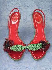 Rene Caovilla 37.5 US 7.5  Red and Green Satin Beaded Floral Decor Heels Sandals, used for sale  Shipping to South Africa