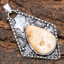 925 Sterling Silver Fossil Coral Gemstone Handmade Jewelry Pendant  2.48" for sale  Shipping to South Africa