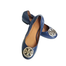 Sapatos de balé TORY BURCH azul Nilo “Reva” tamanho 7 logotipo emblema dourado couro, usado comprar usado  Enviando para Brazil