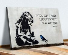 BANKSY GIRL BLUE BIRD QUOTE LEARN TO REST CANVAS WALL STREET ART PRINT GRAFFITI, used for sale  LONDONDERRY