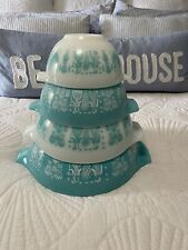 Pyrex Butterprint Amish Turquoise Cinderella Mixing Nesting Bowls Set of 4, used for sale  Shipping to South Africa