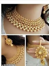 Gold Jhumka Earrings Indian Bollywood Choker Necklace Bridal Jewelry Set & tika, used for sale  Shipping to South Africa