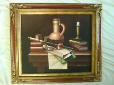 Usado, Pintura a óleo original vintage natureza morta livros de mesa cachimbo vaso de vela / A. Warner comprar usado  Enviando para Brazil