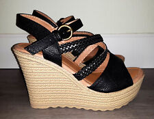 Lady Godiva Tan and Black Strappy Ankle Buckle Open Toe Platform Wedges Size 8 for sale  Shipping to South Africa