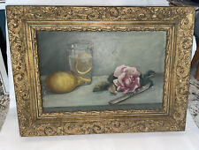 antique oil painting still life Roses Glass & Lemon In Gilded antique frame 1879 for sale  Shipping to Canada